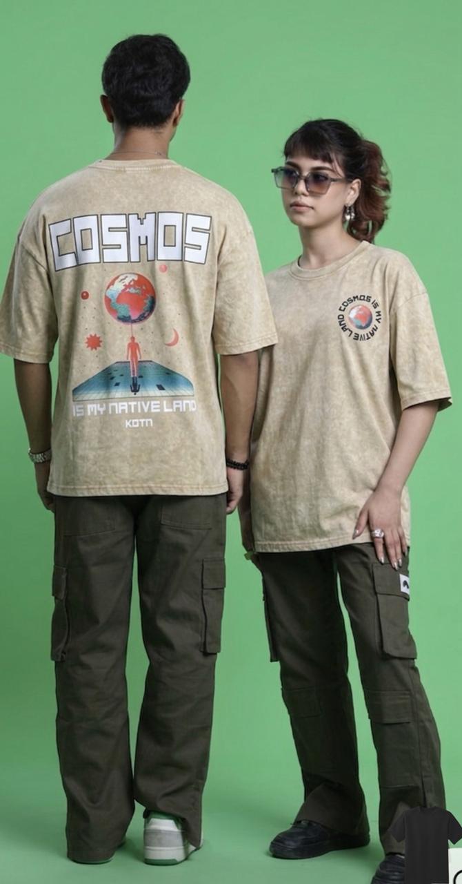 Acid Wash Drop Shoulder T-Shirt Beige Cosmos Graphic product photo | OmegaBD