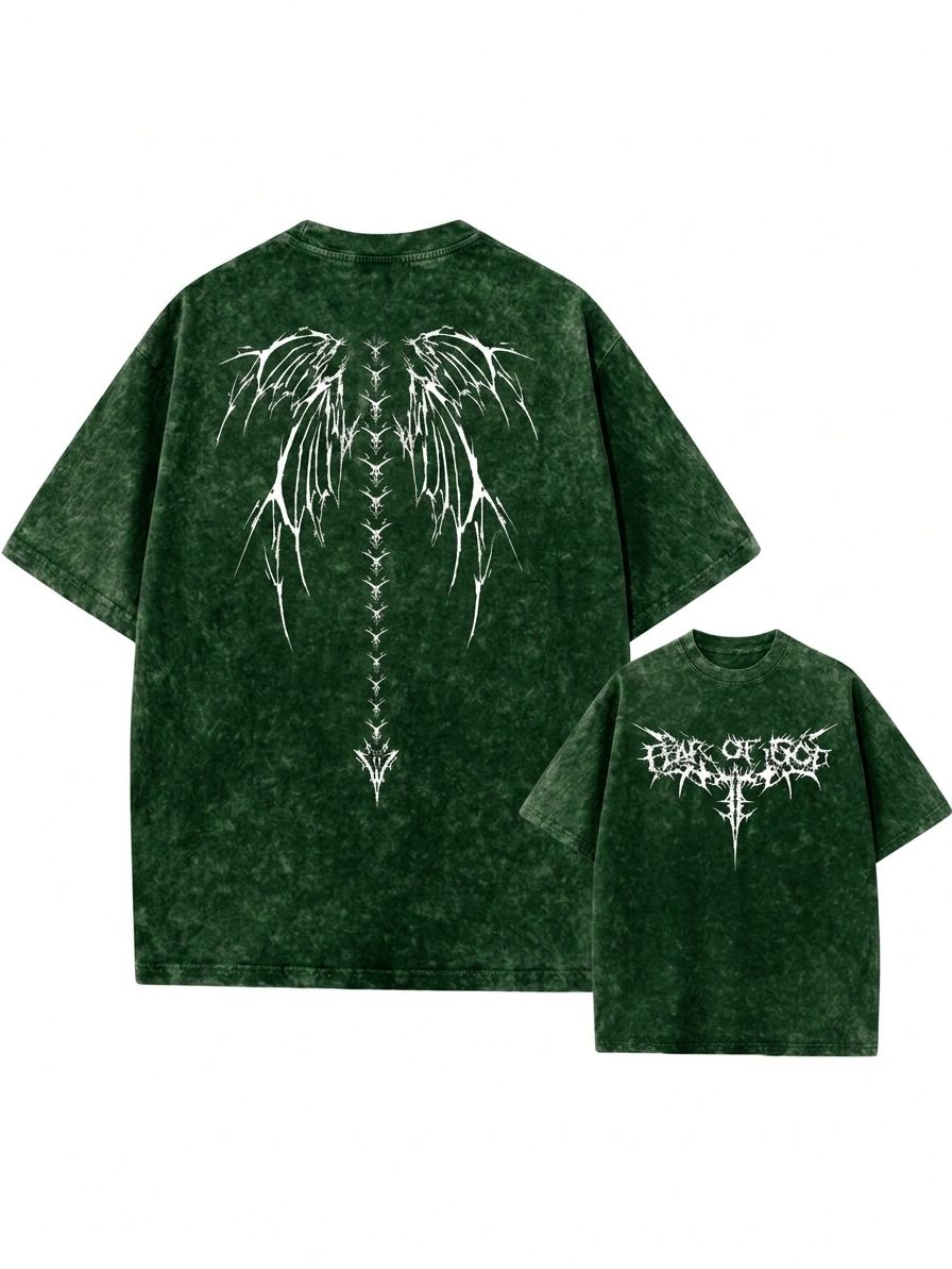 Premium Acid Wash Drop Shoulder T-Shirt Green Wing Graphic product photo | OmegaBD