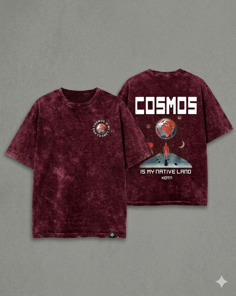Premium Acid Wash Drop Shoulder T-Shirt Maroon Cosmos Graphic product photo | OmegaBD