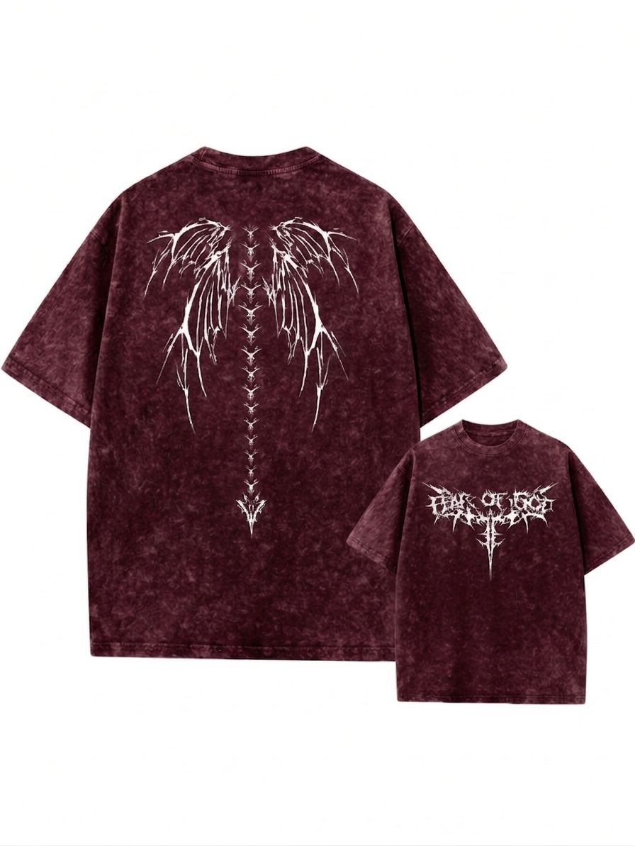 Premium Acid Wash Drop Shoulder T-Shirt Maroon Wing Graphic product photo | OmegaBD