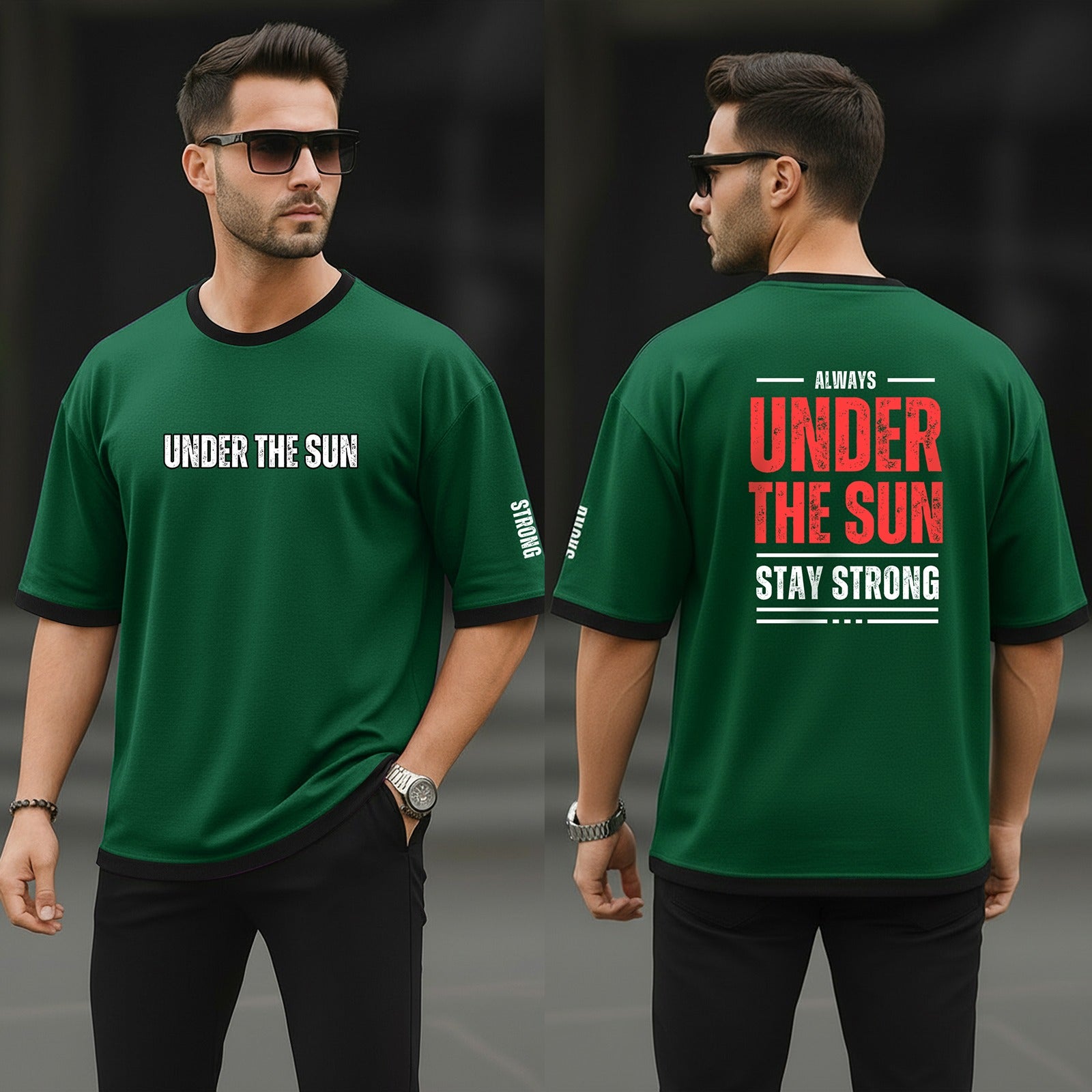 Drop Shoulder T-Shirt Green Under The Sun Typography product photo | OmegaBD
