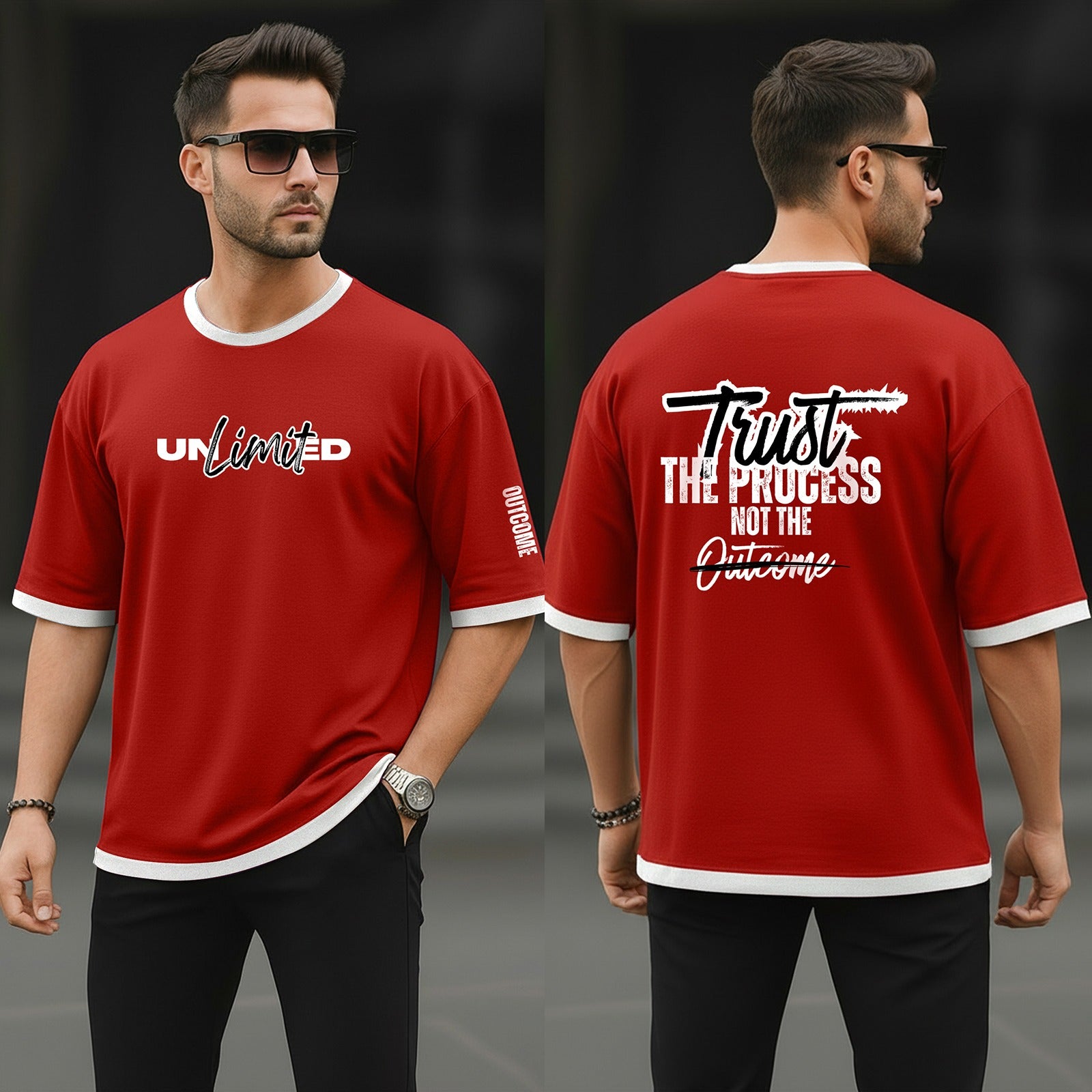 Drop Shoulder T-Shirt Red Twist Typography product photo | OmegaBD