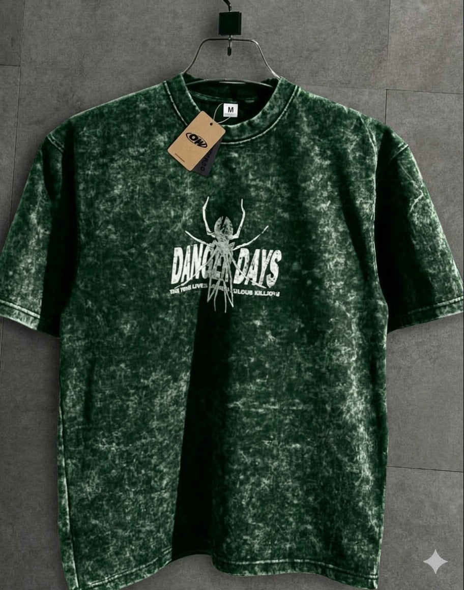 Premium Acid Wash Drop Shoulder T-Shirt Green Cosmos Text product photo | OmegaBD