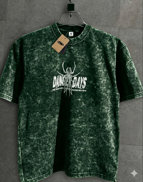 Premium Acid Wash Drop Shoulder T-Shirt Green Cosmos Text product photo | OmegaBD