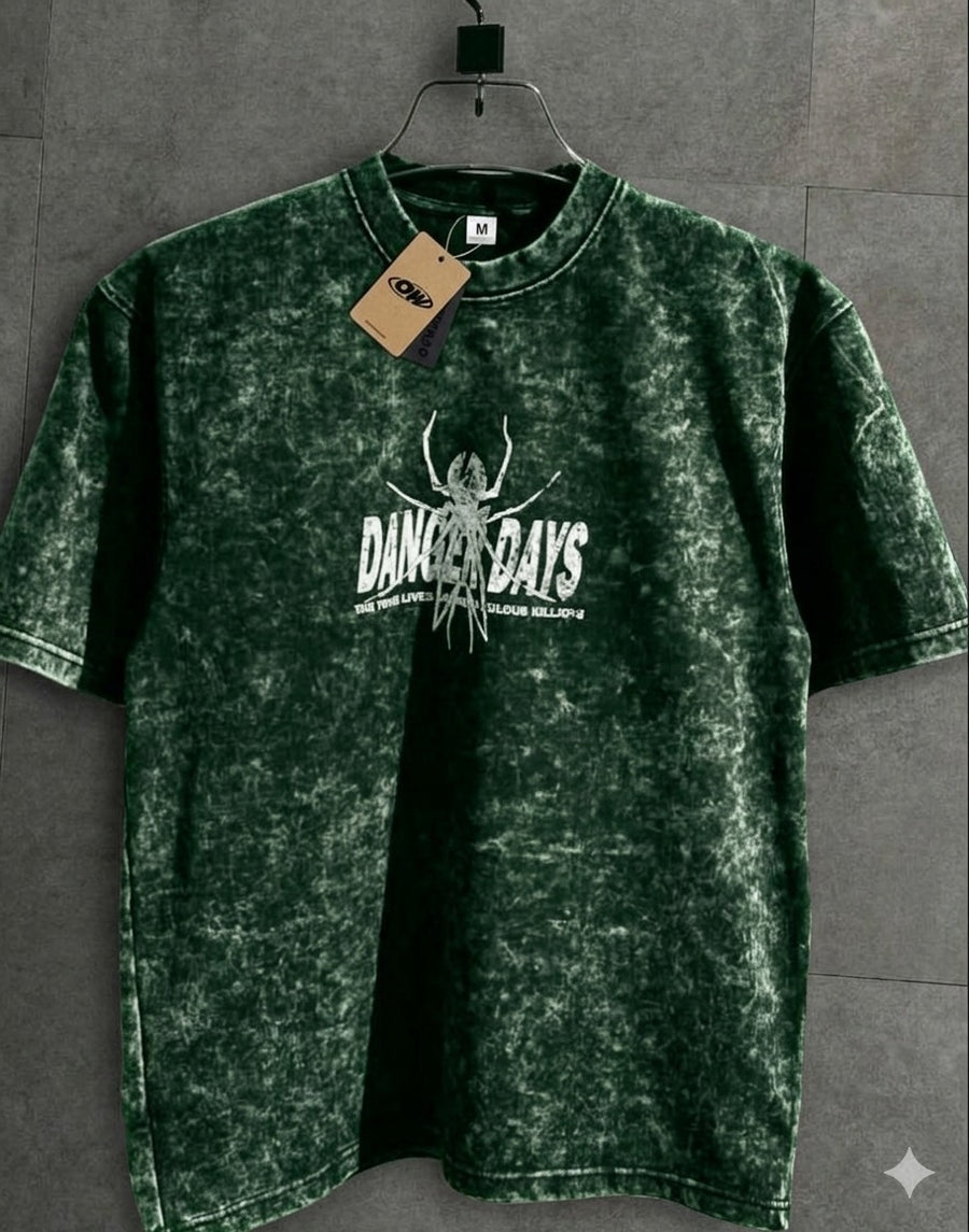 Premium Acid Wash Drop Shoulder T-Shirt Green Cosmos Text product photo | OmegaBD