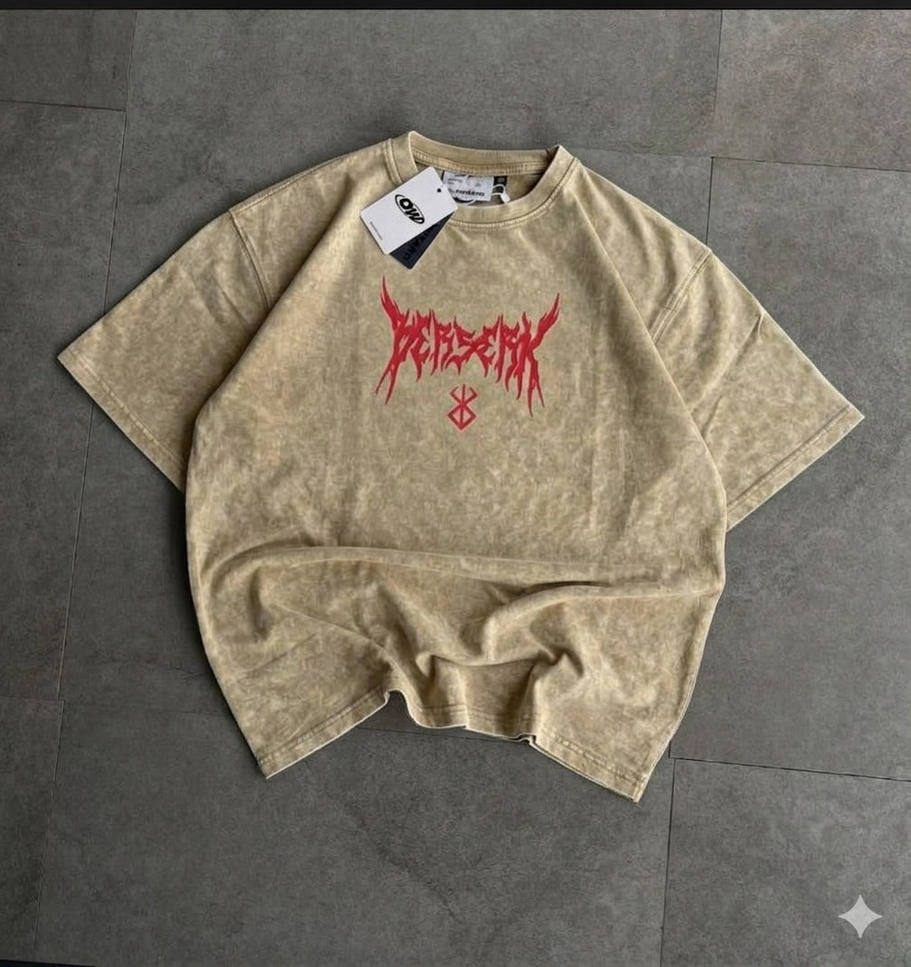 Premium Acid Wash Drop Shoulder T-Shirt Beige Red Thorn Text product photo | OmegaBD