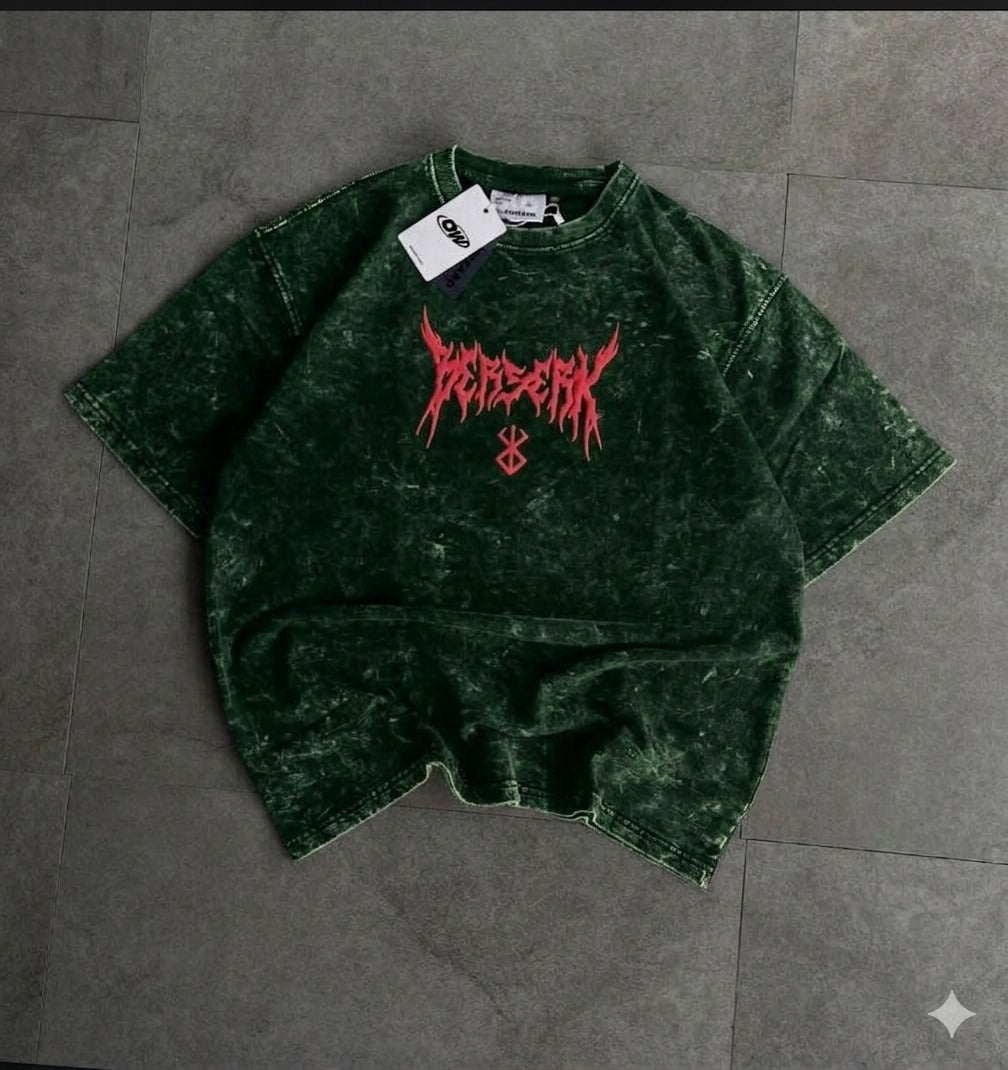 Premium Acid Wash Drop Shoulder T-Shirt Green Red Thorn Text product photo | OmegaBD