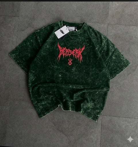 Premium Acid Wash Drop Shoulder T-Shirt Green Red Thorn Text product photo | OmegaBD
