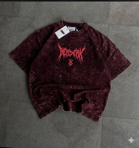 Premium Acid Wash Drop Shoulder T-Shirt Maroon Red Thorn Text product photo | OmegaBD