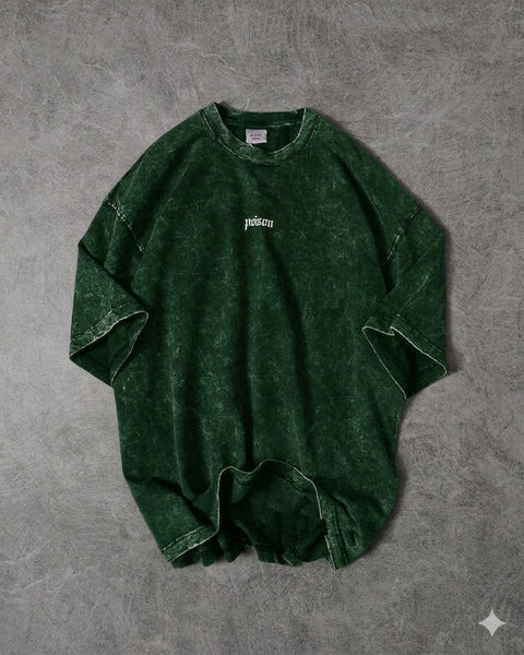 Premium Acid Wash Drop Shoulder T-Shirt Green Minimal Text product photo | OmegaBD