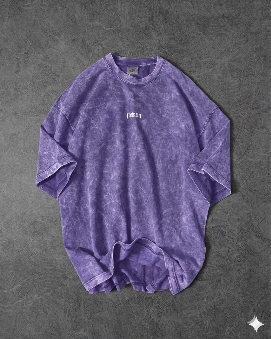Premium Acid Wash Drop Shoulder T-Shirt Purple Minimal Text product photo | OmegaBD
