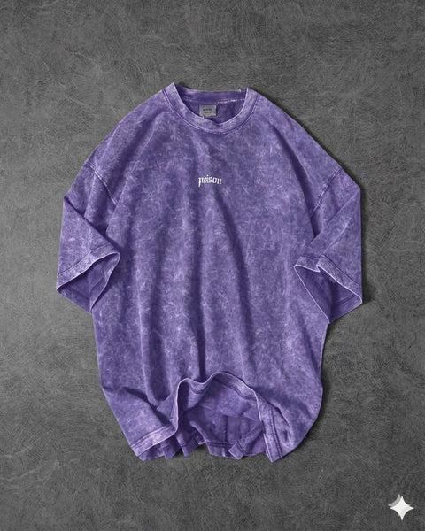 Premium Acid Wash Drop Shoulder T-Shirt Purple Minimal Text product photo | OmegaBD
