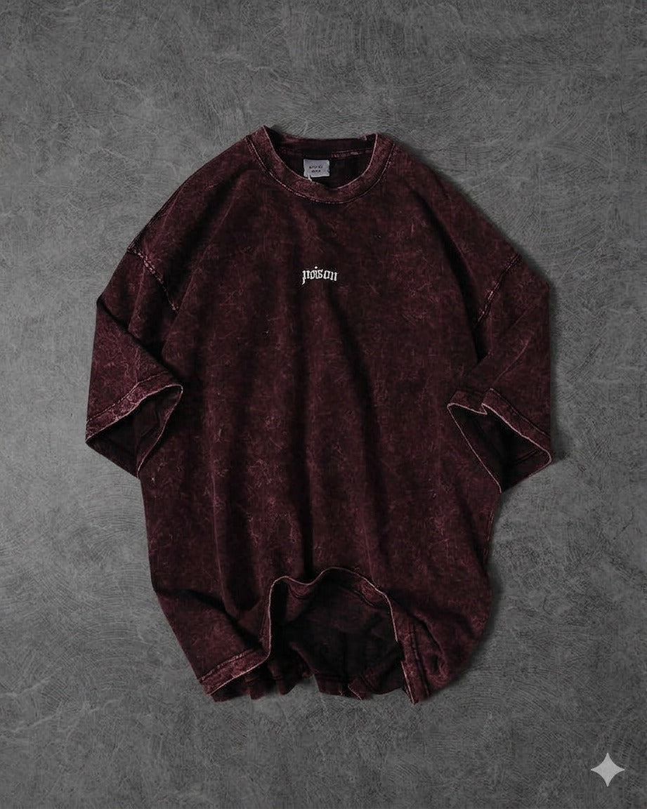 Premium Acid Wash Drop Shoulder T-Shirt Maroon Minimal Text product photo | OmegaBD