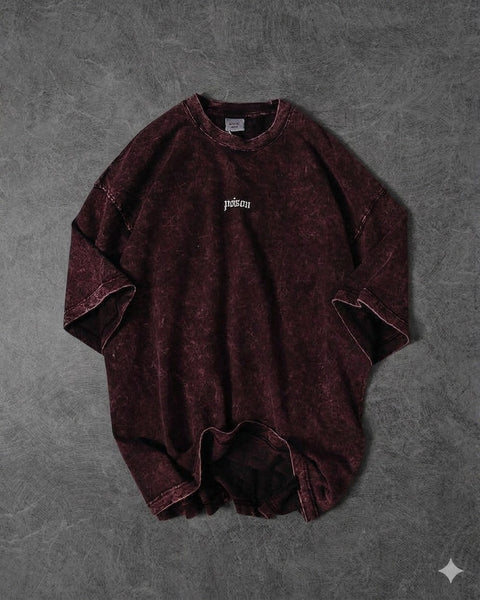 Premium Acid Wash Drop Shoulder T-Shirt Maroon Minimal Text product photo | OmegaBD