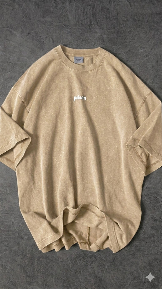 Premium Acid Wash Drop Shoulder T-Shirt Beige Plain Acid Wash