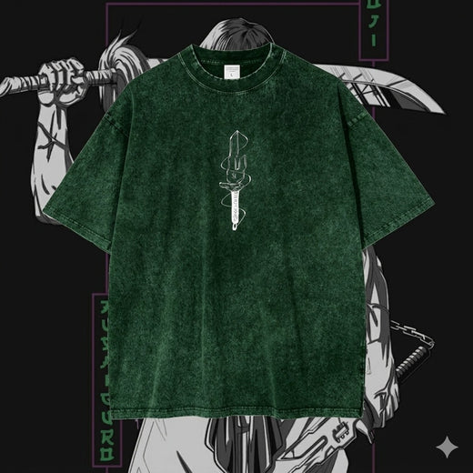 Premium Acid Wash Drop Shoulder T-Shirt Green Vertical Sigil