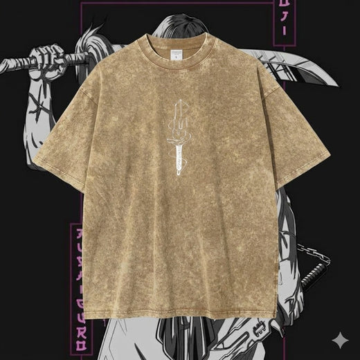 Premium Acid Wash Drop Shoulder T-Shirt Beige Vertical Sigil