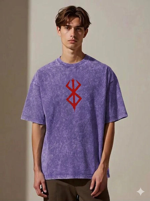 Premium Acid Wash Drop Shoulder T-Shirt Purple Red Sigil