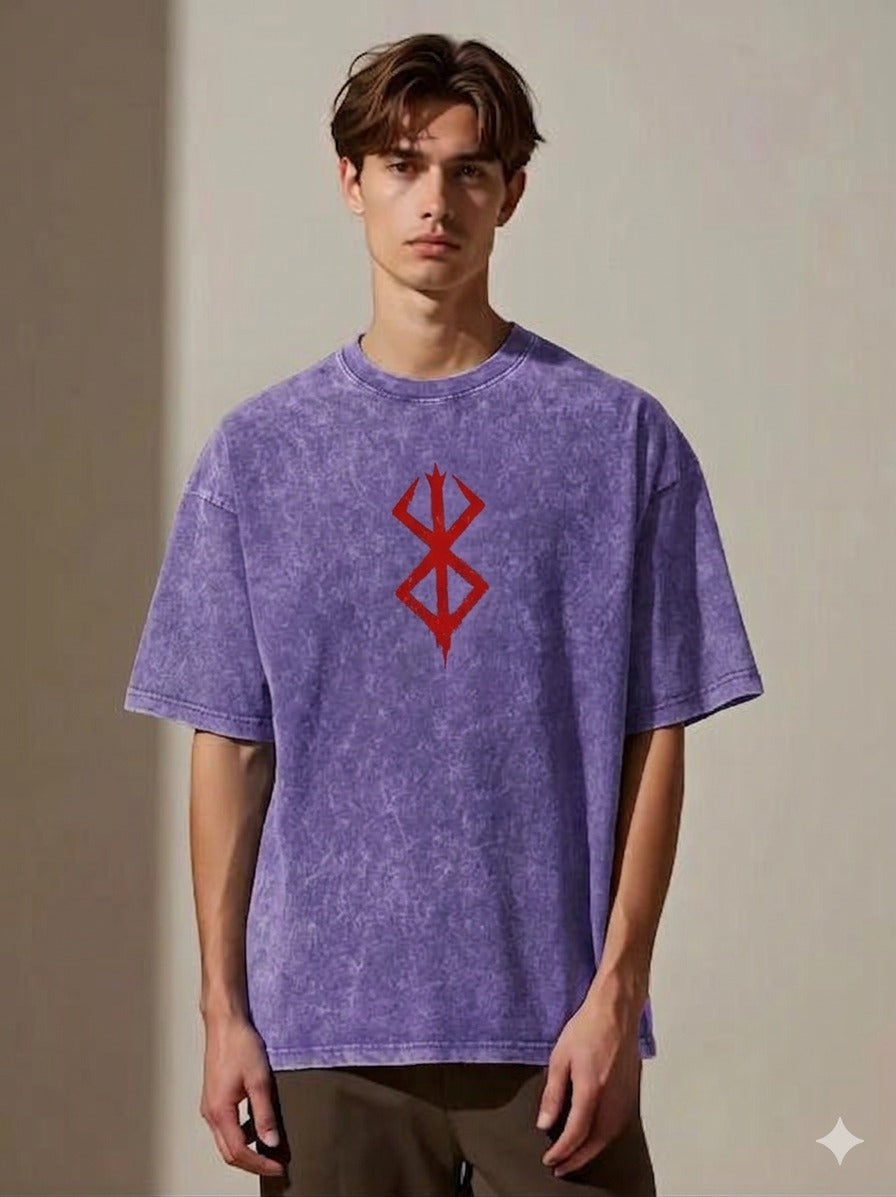 Premium Acid Wash Drop Shoulder T-Shirt Purple Red Sigil product photo | OmegaBD