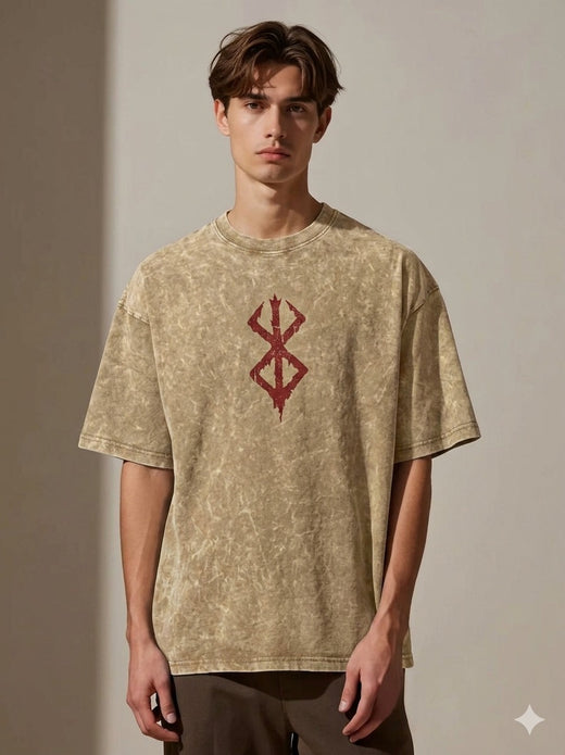Premium Acid Wash Drop Shoulder T-Shirt Beige Red Sigil