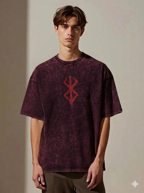 Premium Acid Wash Drop Shoulder T-Shirt Maroon Red Sigil product photo | OmegaBD
