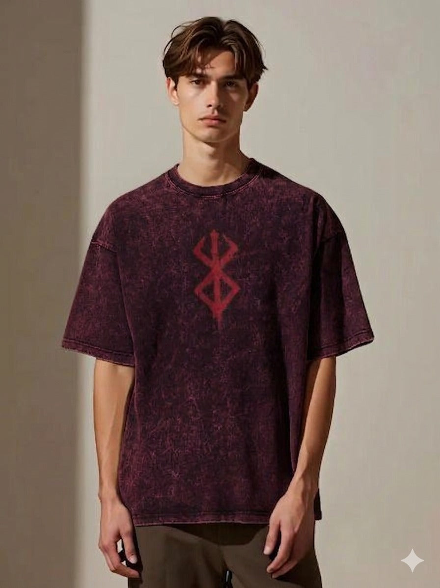 Premium Acid Wash Drop Shoulder T-Shirt Maroon Red Sigil product photo | OmegaBD