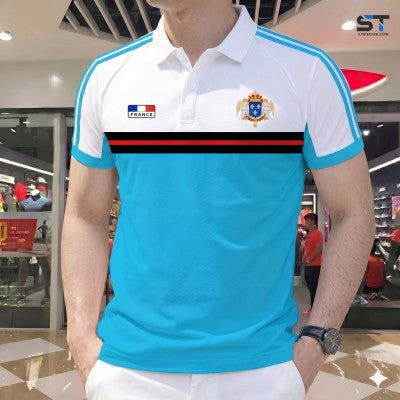 Half Sleeve Polo Shirt Sky Blue White Color Panel product photo | OmegaBD