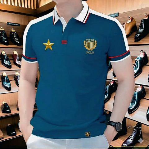 Stylist Casual Polo Shirt For Men Teal Star Crest product photo | OmegaBD