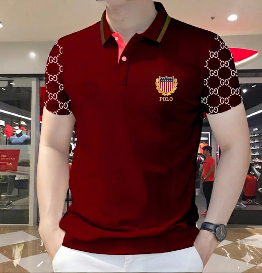 Stylist Casual Polo Shirt For Men Maroon Hex Sleeve