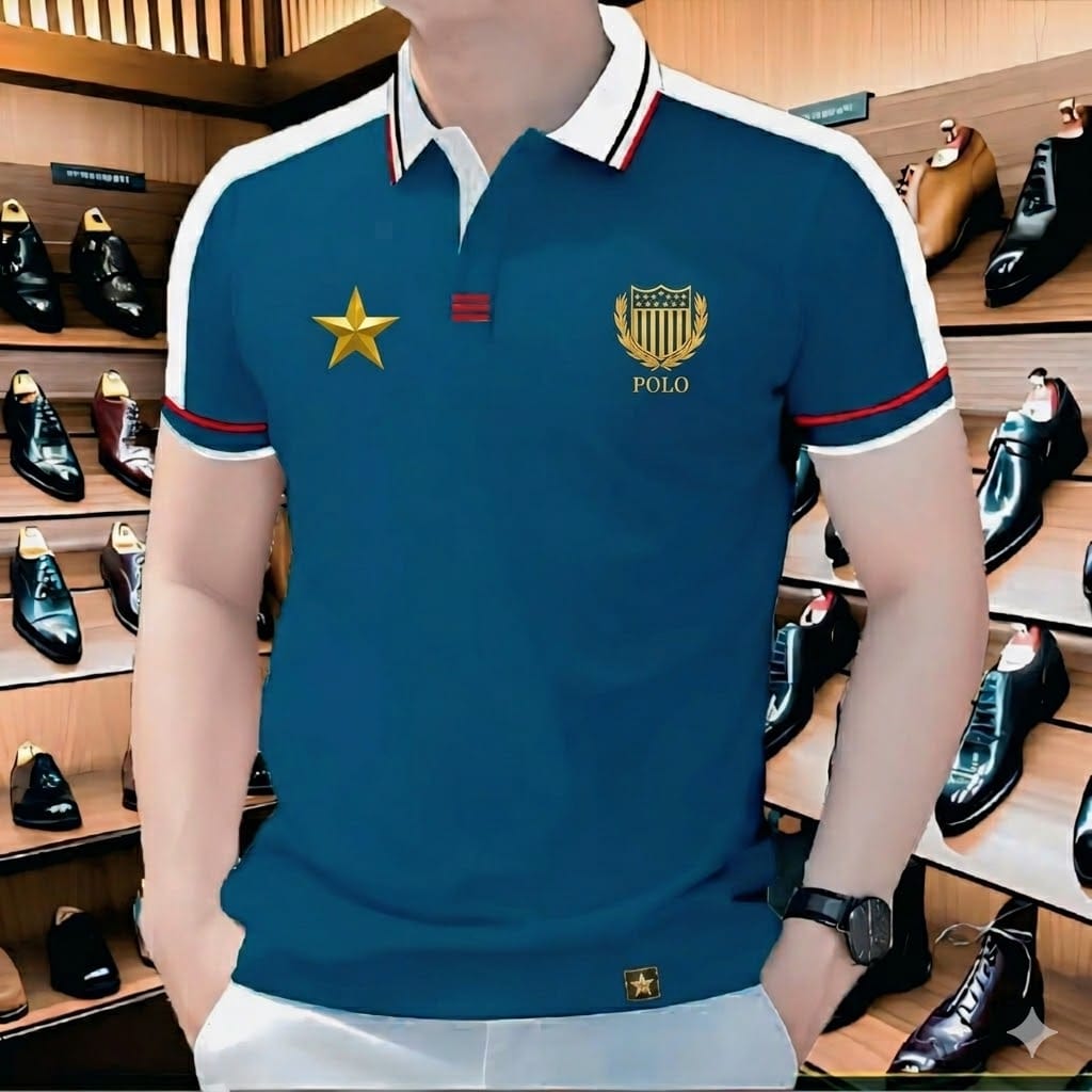 Stylist Casual Polo Shirt For Men Teal Star Crest product photo | OmegaBD
