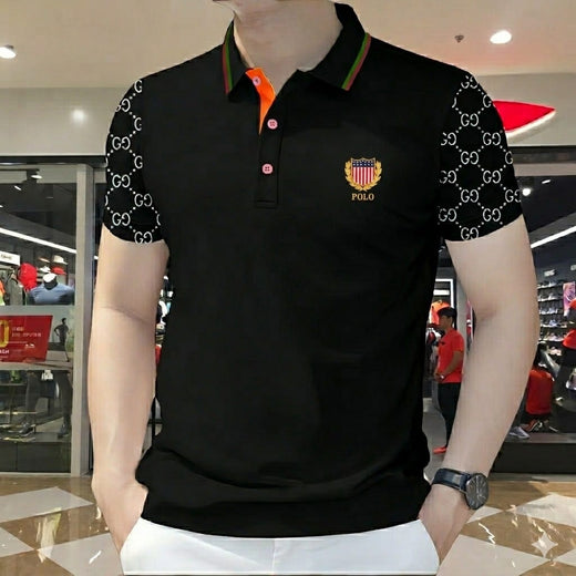 Stylist Casual Polo Shirt For Men Black Hex Sleeve