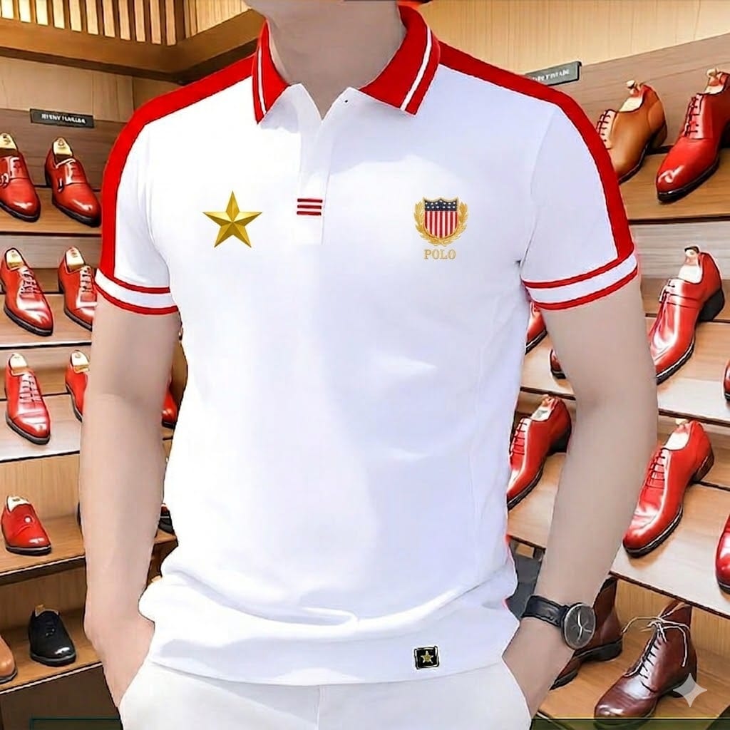 Stylist Casual Polo Shirt For Men White Red Sleeve Stripe product photo | OmegaBD