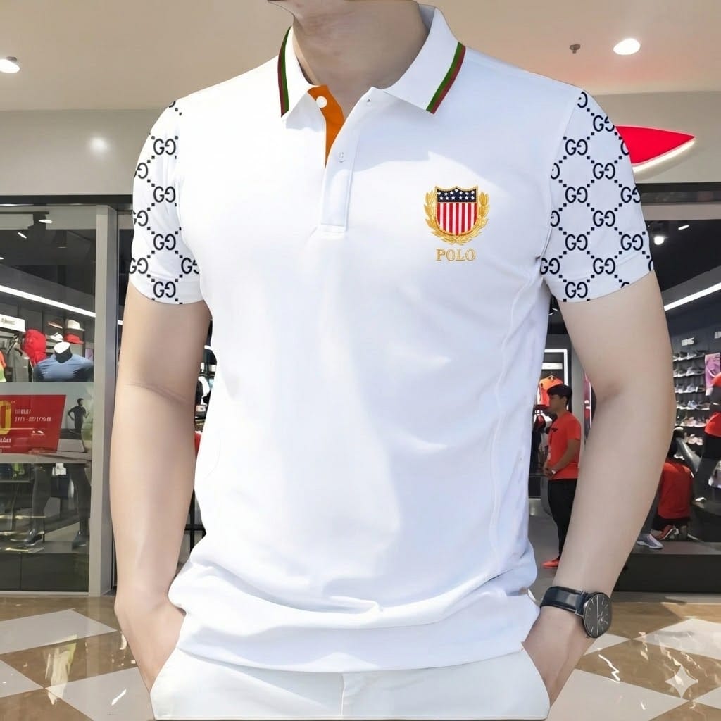 Stylist Casual Polo Shirt For Men White Gray Hex Sleeve product photo | OmegaBD