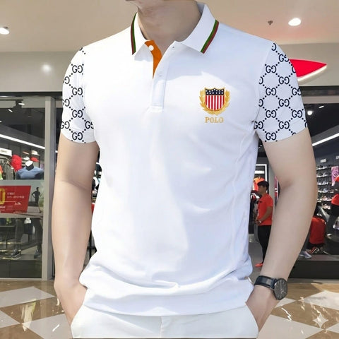 Stylist Casual Polo Shirt For Men White Gray Hex Sleeve product photo | OmegaBD