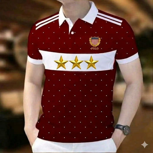 Stylist Casual Polo Shirt For Men Maroon White Star Stripe