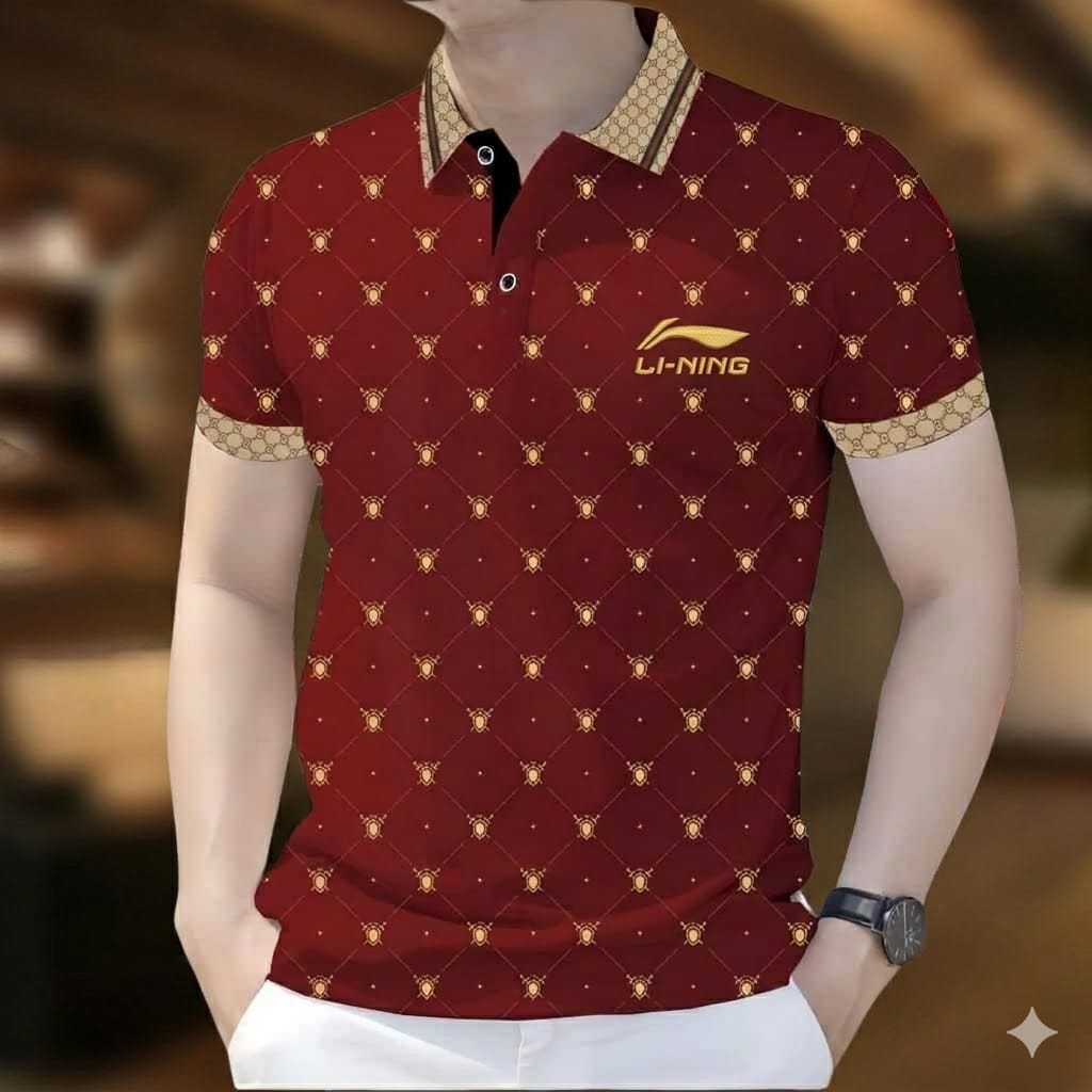 Stylist Casual Polo Shirt For Men Maroon Gold Pattern product photo | OmegaBD