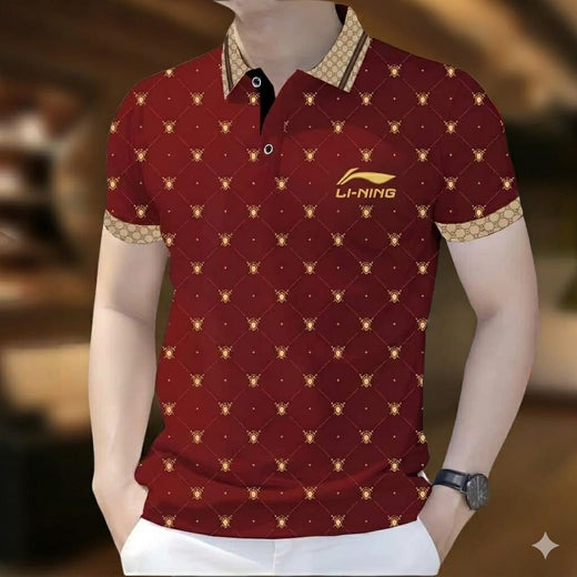 Stylist Casual Polo Shirt For Men Maroon Gold Pattern