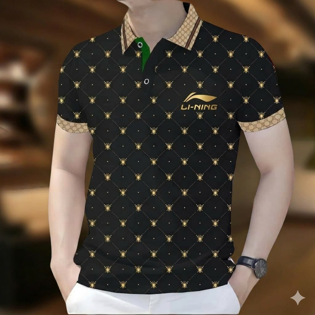 Stylist Casual Polo Shirt For Men Black Gold Pattern product photo | OmegaBD