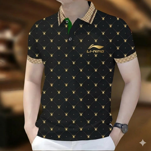 Stylist Casual Polo Shirt For Men Black Gold Pattern product photo | OmegaBD