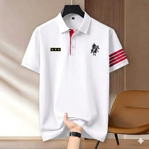 Polo Shirt For Men White Red Sleeve Stripe product photo | OmegaBD