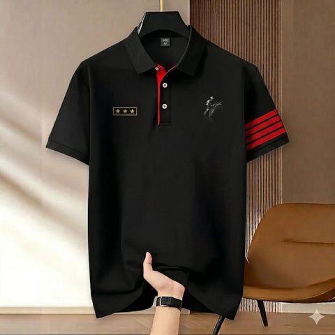 Polo Shirt For Men Black Red Sleeve Stripe product photo | OmegaBD