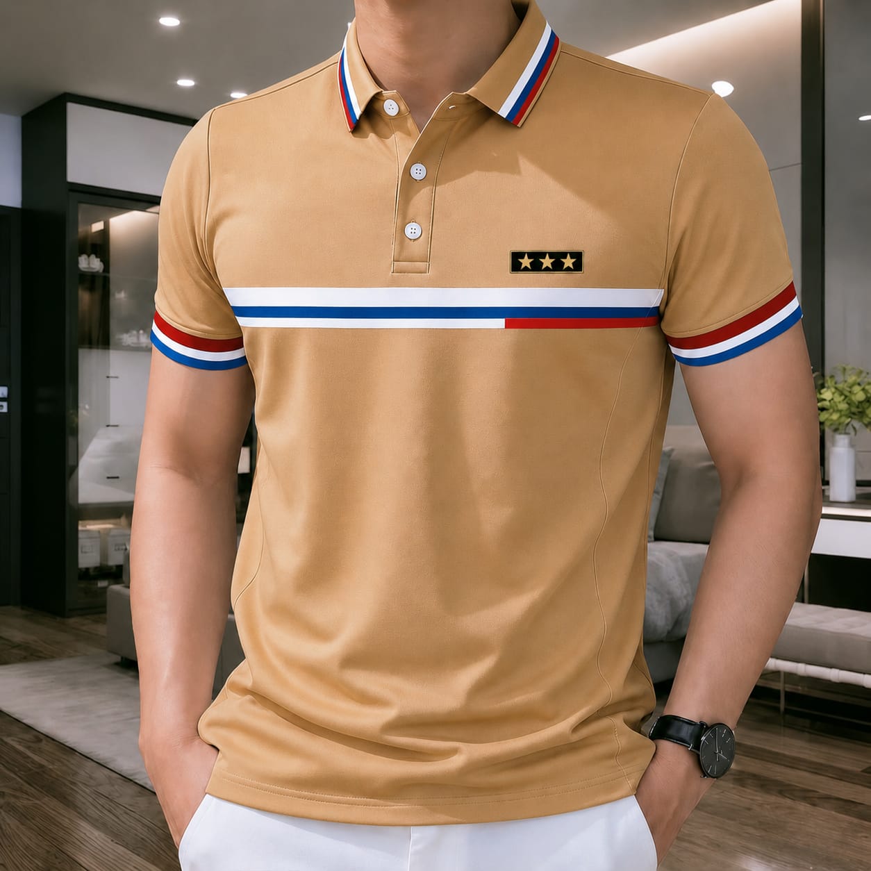 Polo Shirt For Men Beige Chest Stripe product photo | OmegaBD