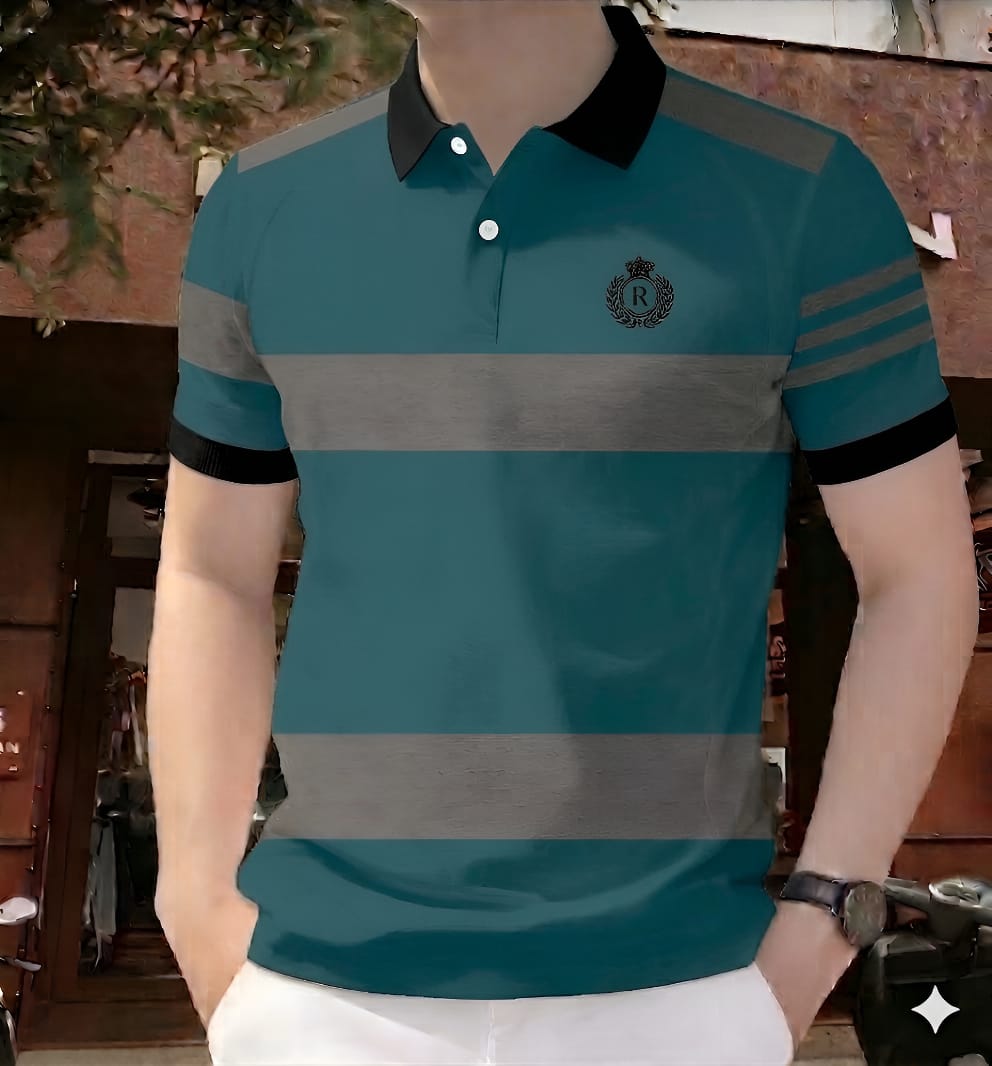 Polo Shirt For Men Teal Gray Contrast Stripe product photo | OmegaBD