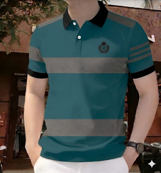 Polo Shirt For Men Teal Gray Contrast Stripe