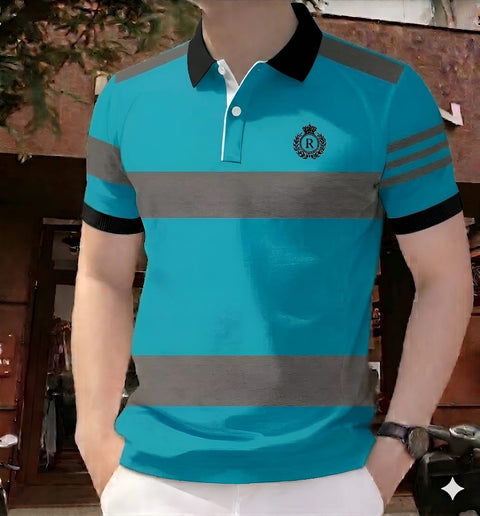 Polo Shirt For Men Sky Blue Gray Contrast Stripe product photo | OmegaBD