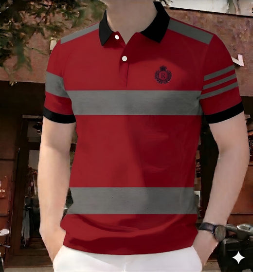 Polo Shirt For Men Red Gray Contrast Stripe