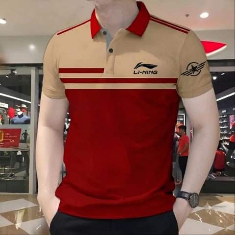 Polo Shirt For Men Beige Red Contrast Stripe product photo | OmegaBD