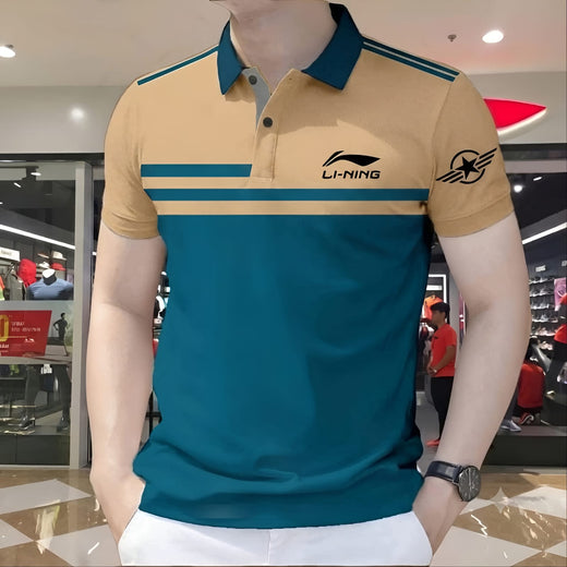 Polo Shirt For Men Beige Teal Contrast Stripe