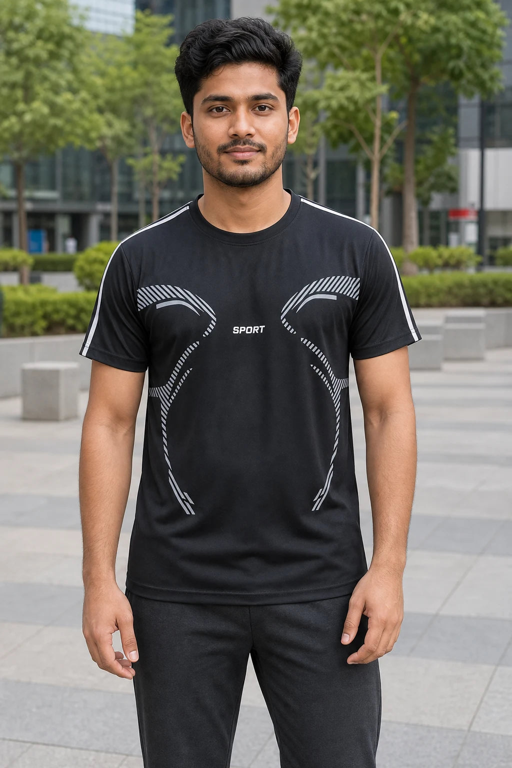 Bangladeshi model wearing black sport T-shirt - OmegaBD