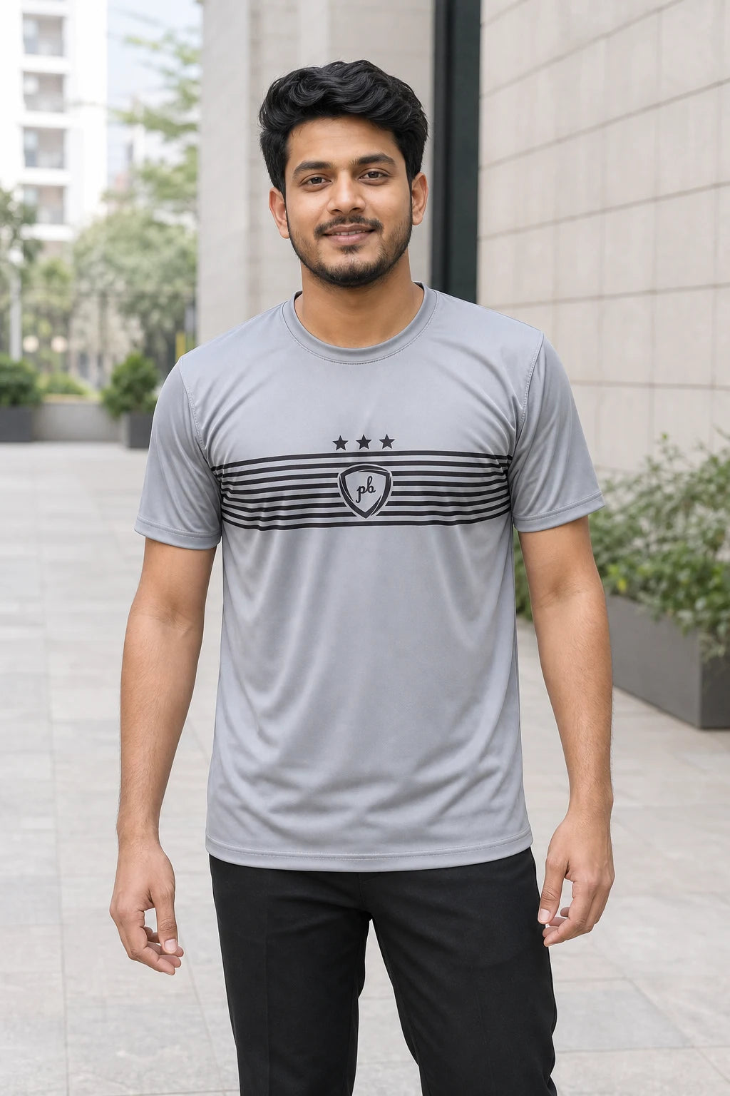 Bangladeshi model wearing grey stripe T-shirt - OmegaBD